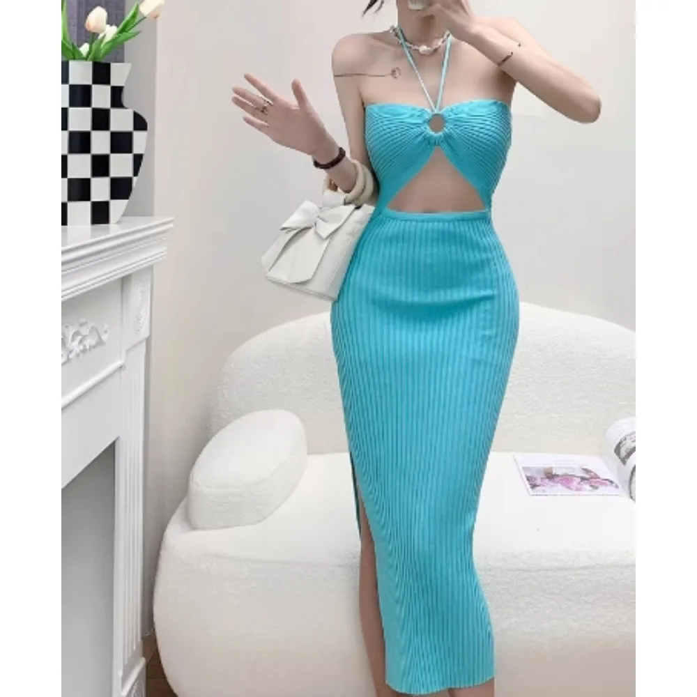 فستان ضيق مزين بالكروشيه فستان مفتوح مثير مكشوف الأكتاف مكشوف الظهر للحفلات فساتين كورية أنيقة للنساء Y2k