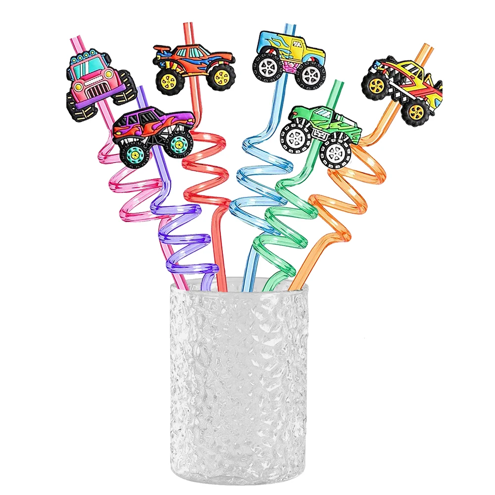 몬스터 트럭 마시는 빨대, 레이싱 트럭 자동차 모양 빨대, 어린이 레이스 자동차 몬스터 트럭 생일 파티 선물 장식, 6 개