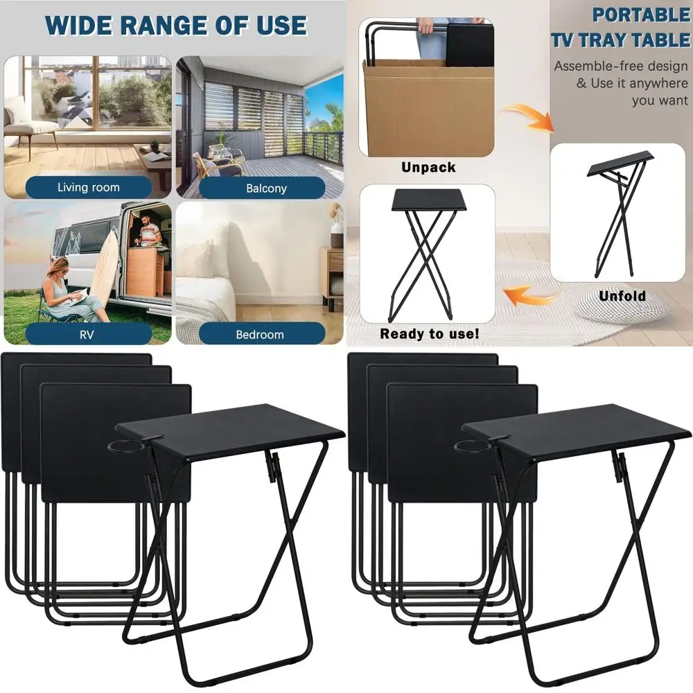 

4-Piece Heavy-Duty TV Dinner Trays, Portable Side Tables for Living Room and Eating Comfortably on Couch or Sofa, Black