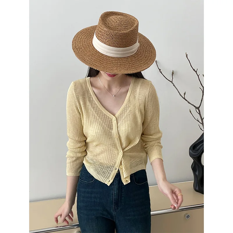 Solid Color Temperament Slim Fit Slightly Transparent Elastic Sun Protection Sweater Knitted Sweater