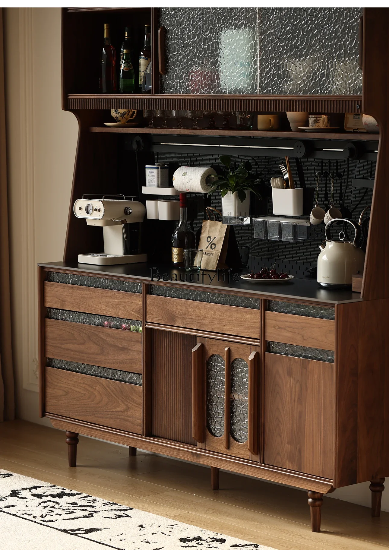 LJY*French retro North American black walnut dining side cabinet integrated against the wall Solid wood storage Tea cabinet stor