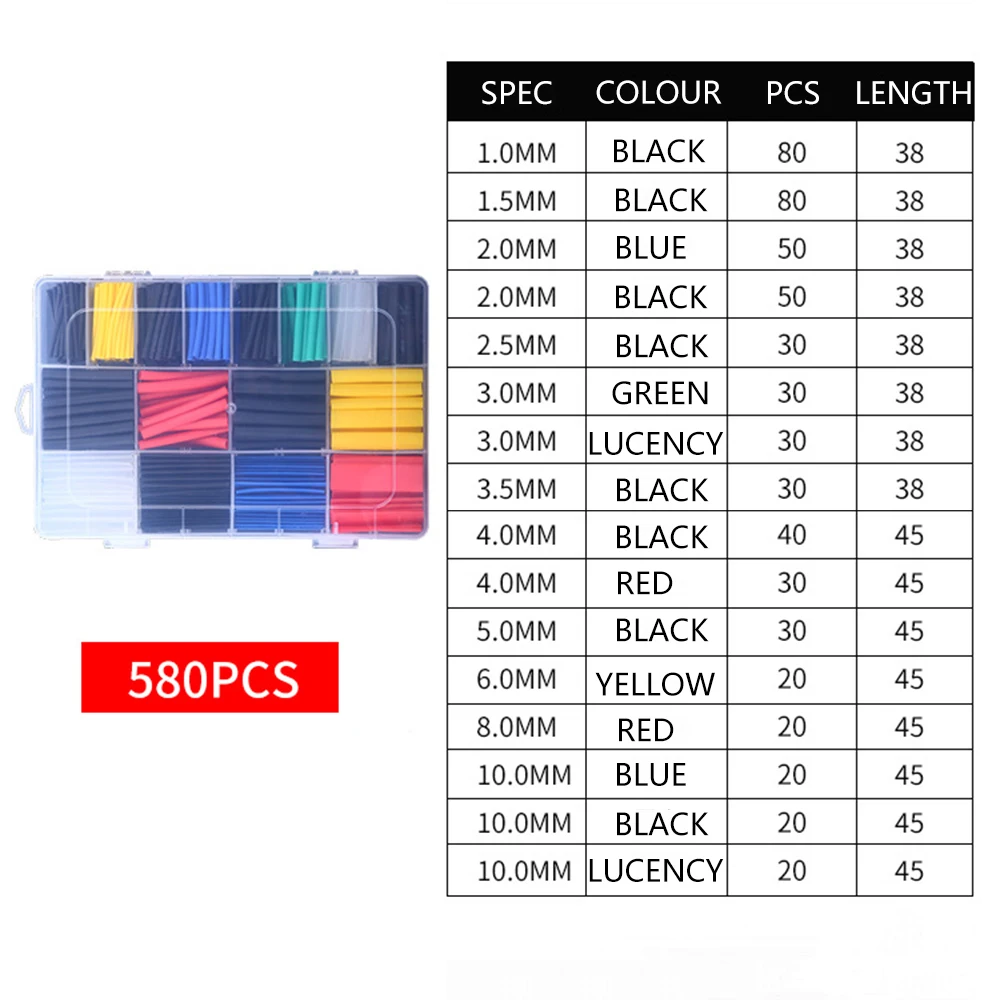 127-580pcs Shrinkable Heat Shrink Tubes kit Thermoresistant Heat-Shrink Tubing wrap Cable Insulation Sleeve Electrical Connect