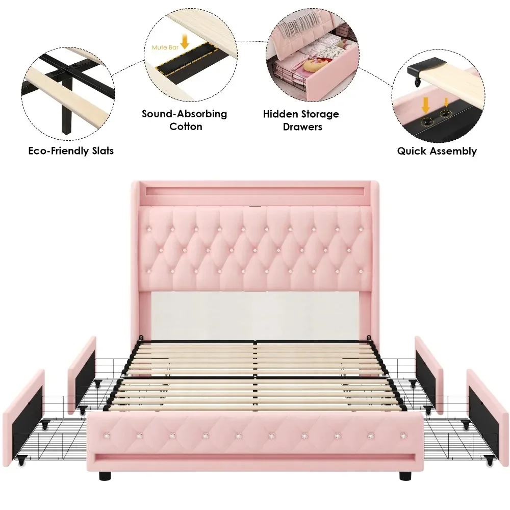 Full Size LED Bed Frame with Outlets and USB Ports,4 Storage Drawers Crystal Button Tufted Velvet Upholstered Platform Bed Frame