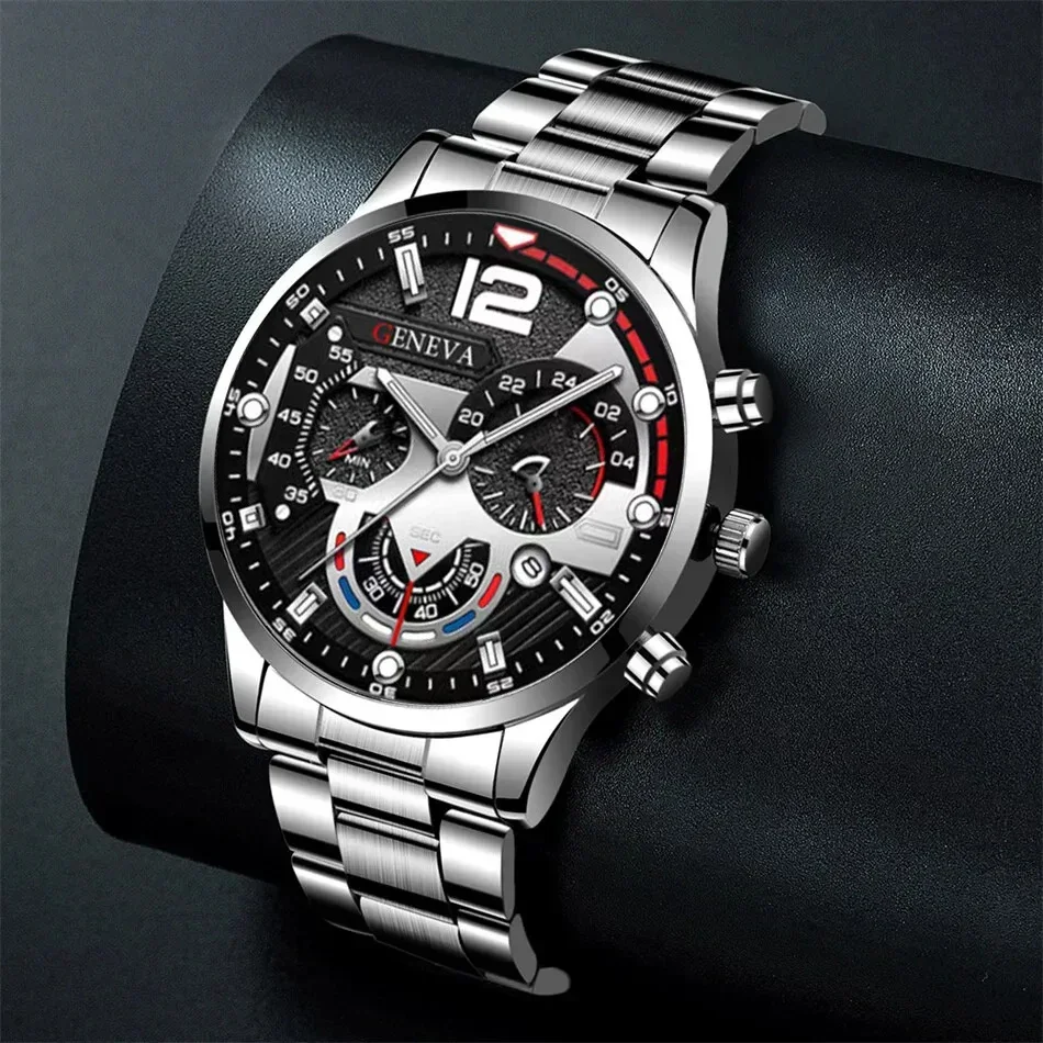 3PCS Set Fashion Mens Business Watches Men Casual Silver Bracelet Necklace Stainless Steel Quartz Wrist Watch Relogio Masculino