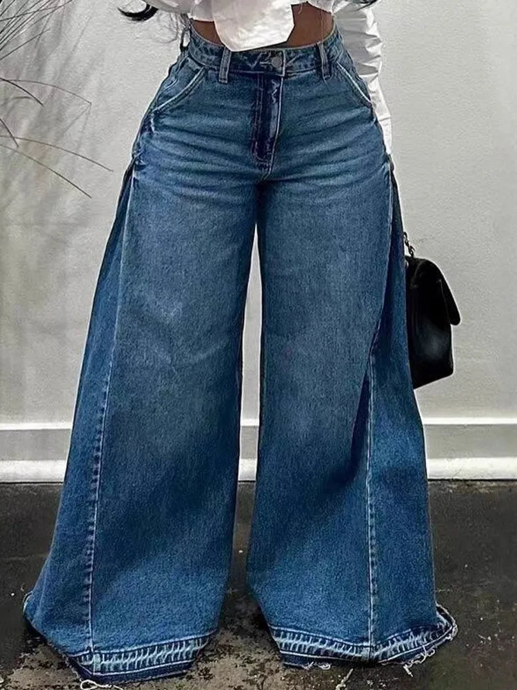 

Women High Waist Wide Leg Pants Hole Straight Pants Long Jeans Casual Trendy Trousers 2025 Autumn Winter New Denim Trousers