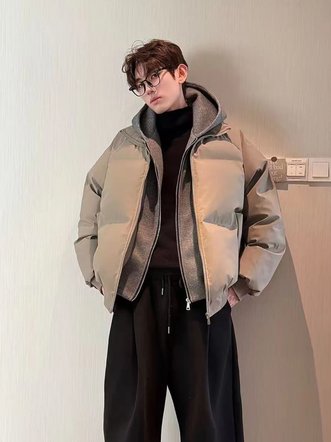 HN 트렌디 브랜드 겨울용 PU 가죽 후드 재킷 남성용 루즈핏 다용도 코튼 재킷 이중 지퍼 보온