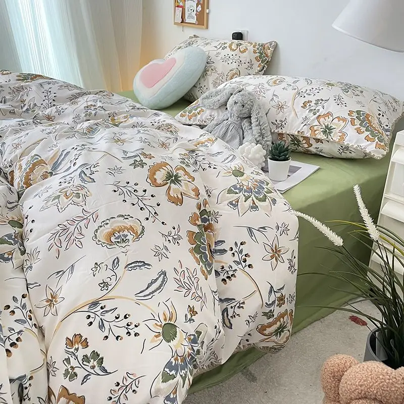 Nordic Floral Leaves Duvet Cover Set Flat Sheet Pillowcases No Filling Twin Single Queen Size Girls Washed Cotton Bedding Linen