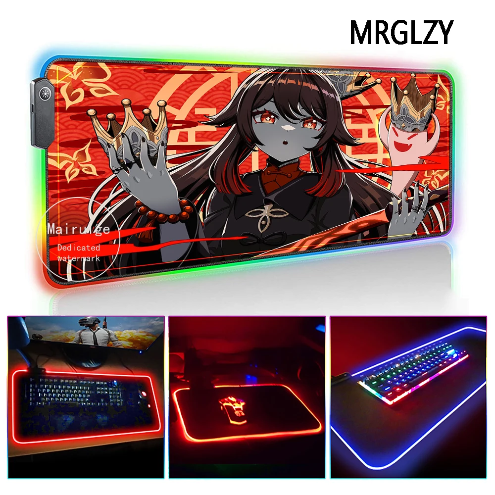 MRGLZY Genshin Impact LED Light RGB Gamer Gaming Accessories Anime Sexy Girl Hu Tao Large Mouse Pad Desk Mat for Laptop Keyboard