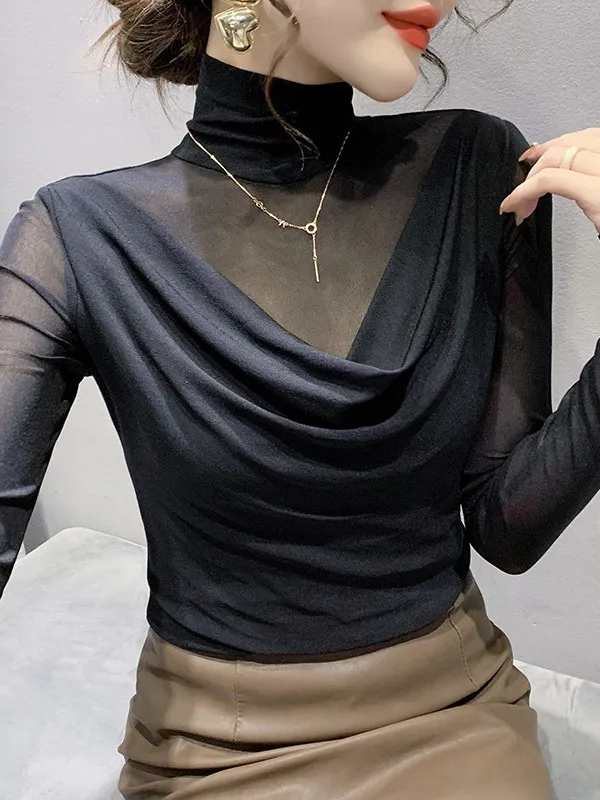 Elegant High Neck Mesh Base Shirt Long Sleeve T-Shirt Slimming Illusion Two-Piece Style Casual Fashion Autumn Trend for Women