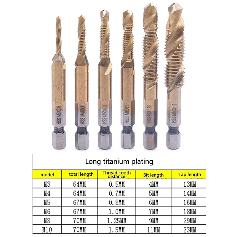 6個入り 複合メートルタップ ドリルビット ねじ山 六角軸 マシン チタン HSS タップビット 工具 金属 鋼材 木材 プラスチック用