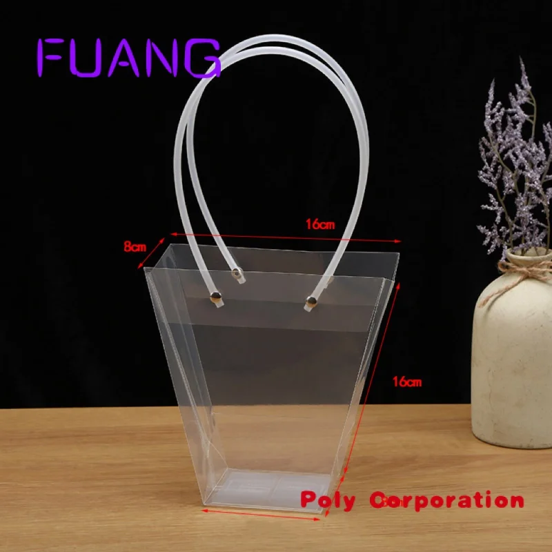 Personalizado Transparente Trapezoid PP Bag Plastic Clear Flower Packing Bag Com Alça