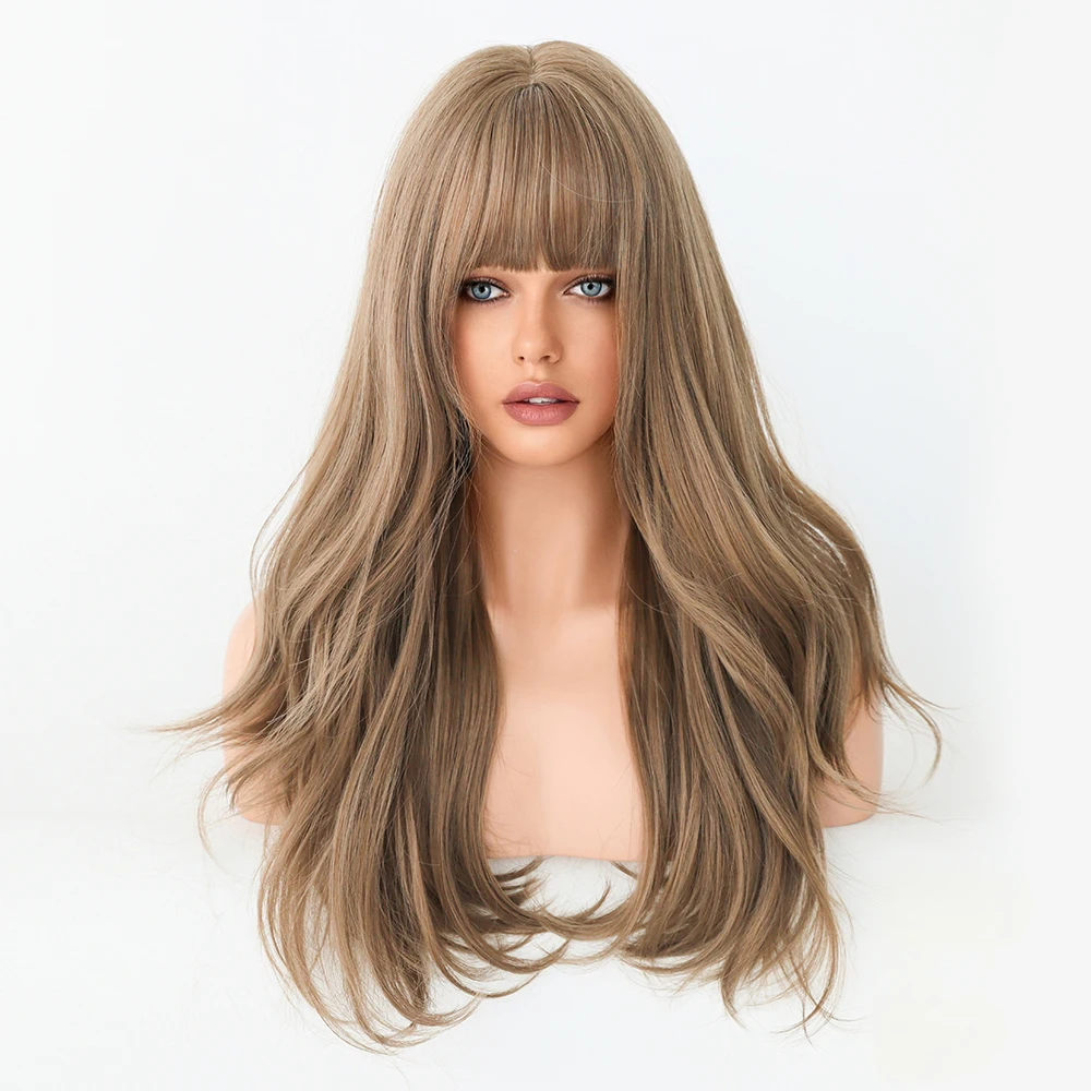 Long Straight Wave Honey Flaxen Hair Women Wig with Bangs Heat Resistant Synthetic Wig Party Daily Use Fake Hair Cosplay Lolita