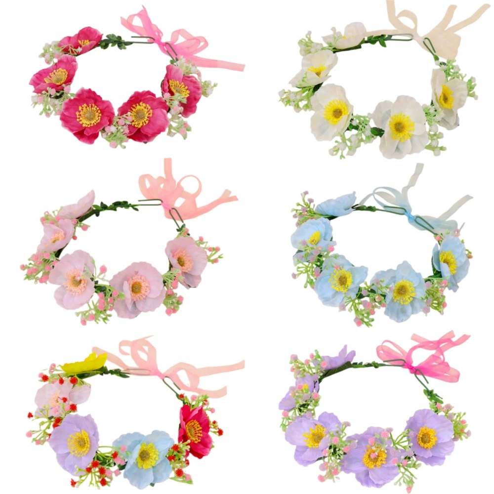 

Boho Artificial Poppy Flower Crown Hairband Adjustable Ribbon Floral Headband for Wedding Festival Beach Party Photography Props