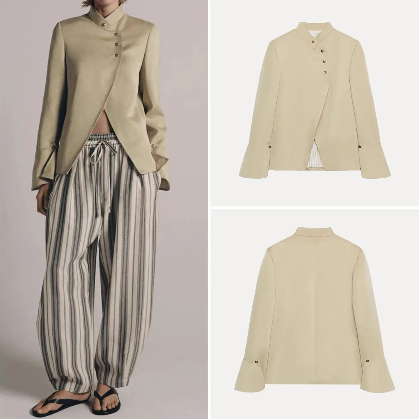 

Женский модный многослойный декорированный пиджак с воротником-стойкой, весна 2026, повседневная одежда, длинный рукав, на одной пуговице