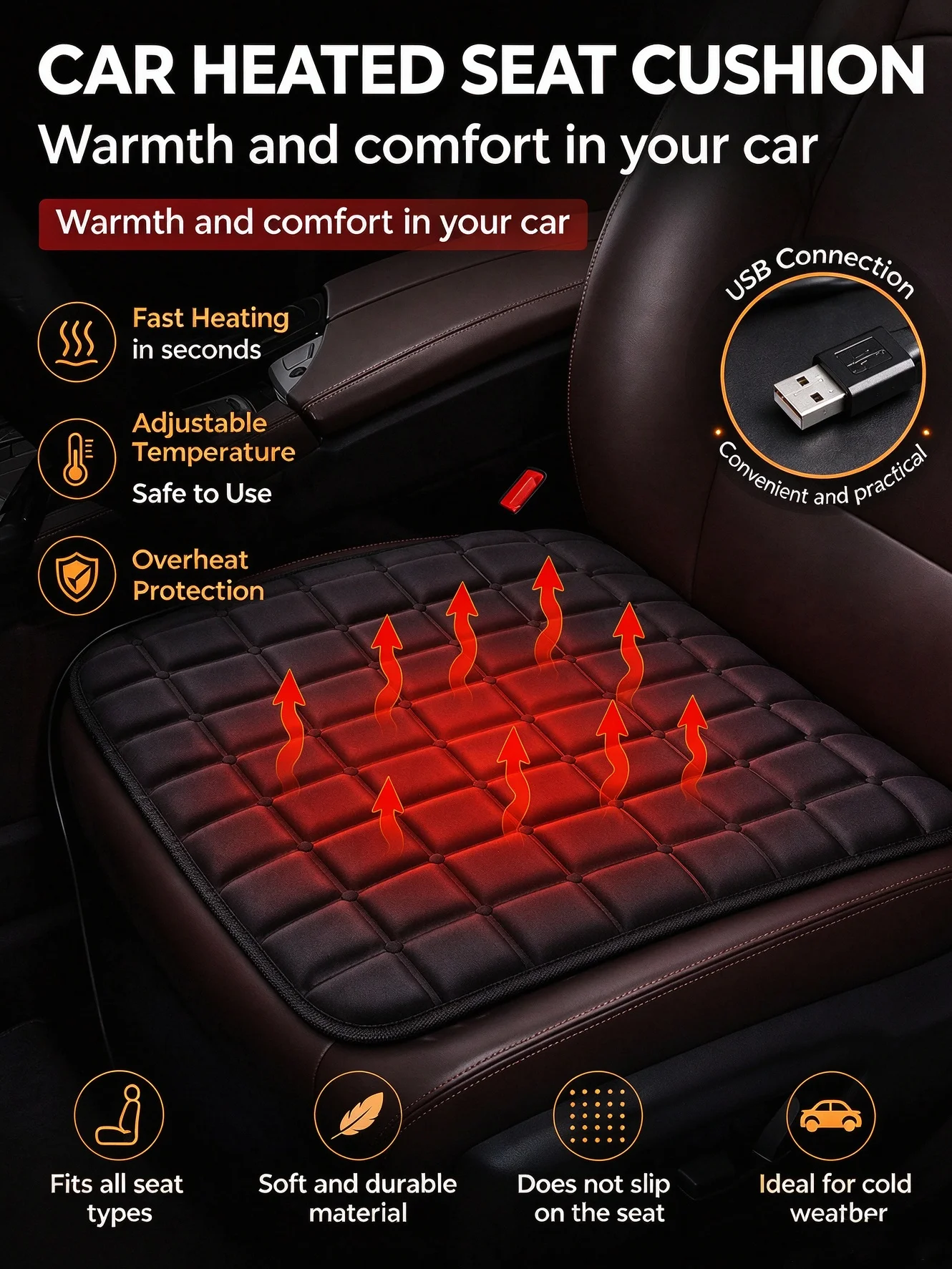 USB Car Heated Seat Cushion Fast Heating Winter Auto Seat Warmer Pad Adjustable Temperature Anti-slip Universal Car Seat Heating