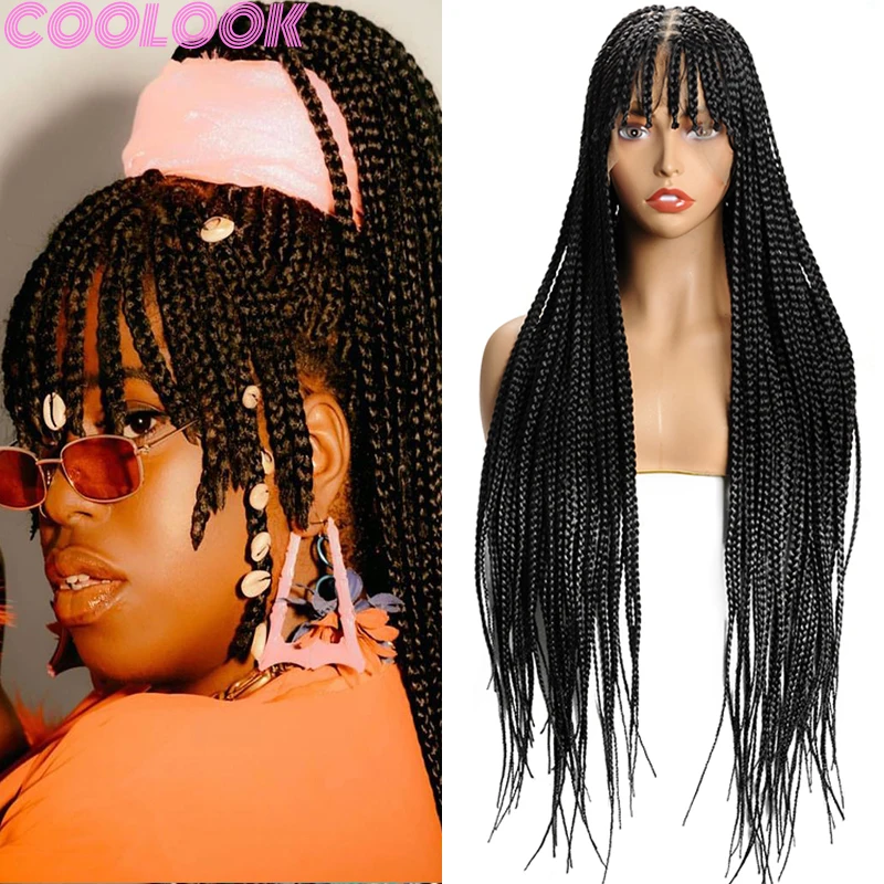 Full Lace Front Synthetic Braids Wig for African Women 32inch Handmade Crochet Goddess Braided Wig Knotless Braid Wig with Bangs