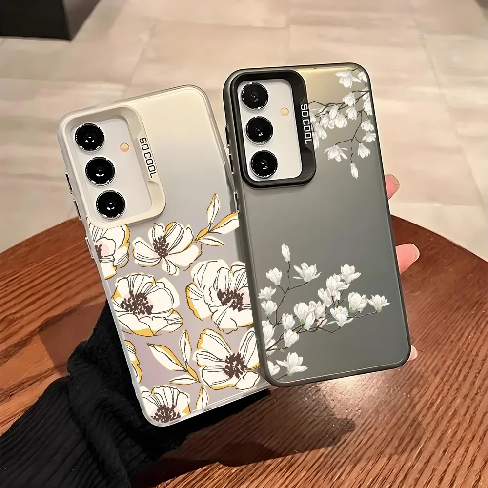 Silver Plated IMD Case For Samsung A56 A36 A26 A24 A17 5G A16 A14 A12 A32 A50 A70 A22 A54 A52 5G A06 A07 4G Cover Flower