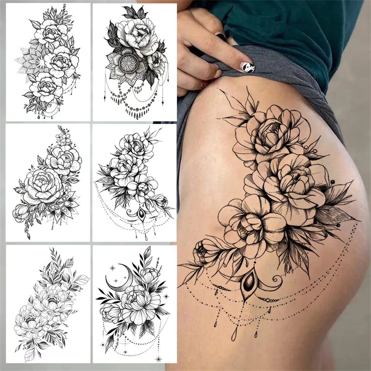 

Pendant Flower Temporary Tattoos For Women Adult Fake Jewelry Tattoo Sticker Peony Black Henna Moon Large Thigh Tatoo Waterproof