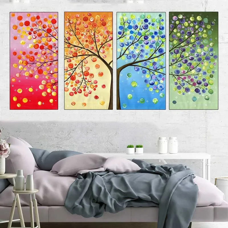 4 Pcs Four Season Lucky Life Tree Landscape Plant Posters Canvas Wall Art Picture Home Decor Paintings for Bedroom Decorations