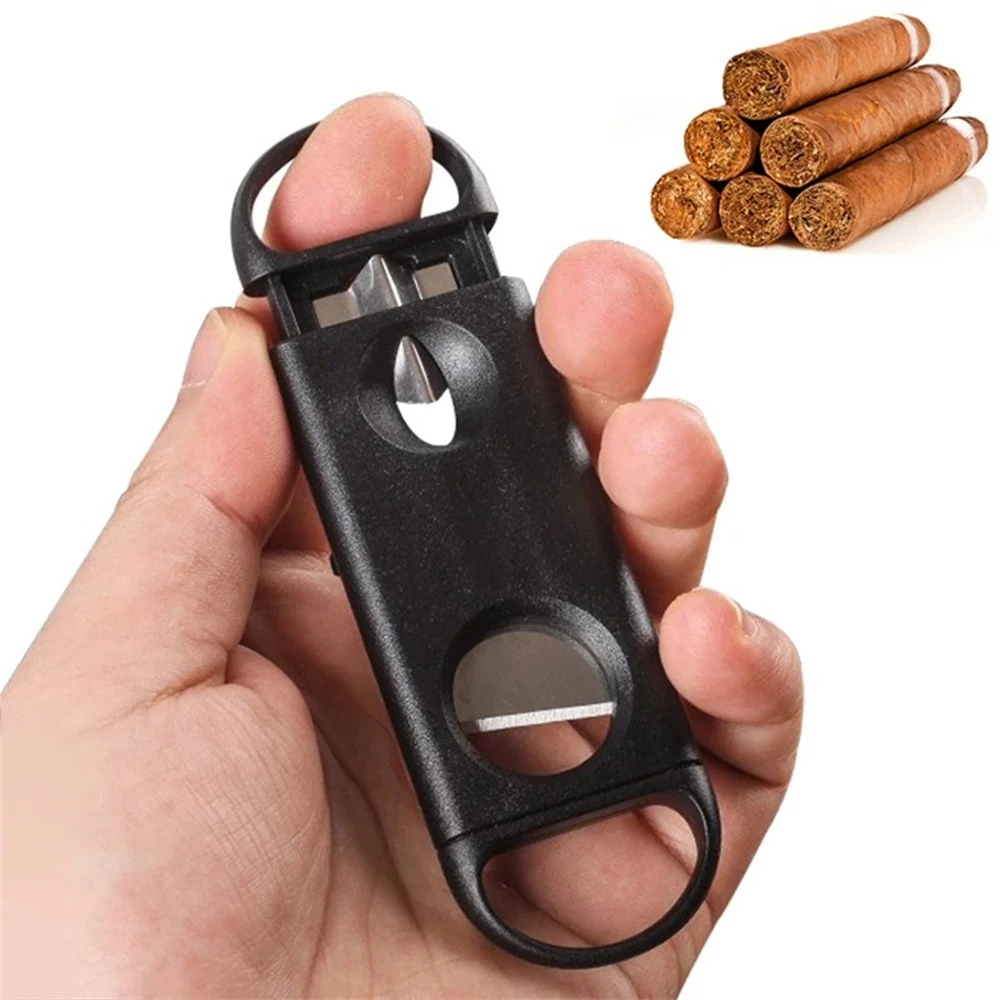 Cortador de cigarros 2 en 1, caja de ABS de acero inoxidable con forma de V, hoja afilada, cuchillo para Cigarro, abridor de agujeros, accesorios para Cigarrera de humo, doble uso