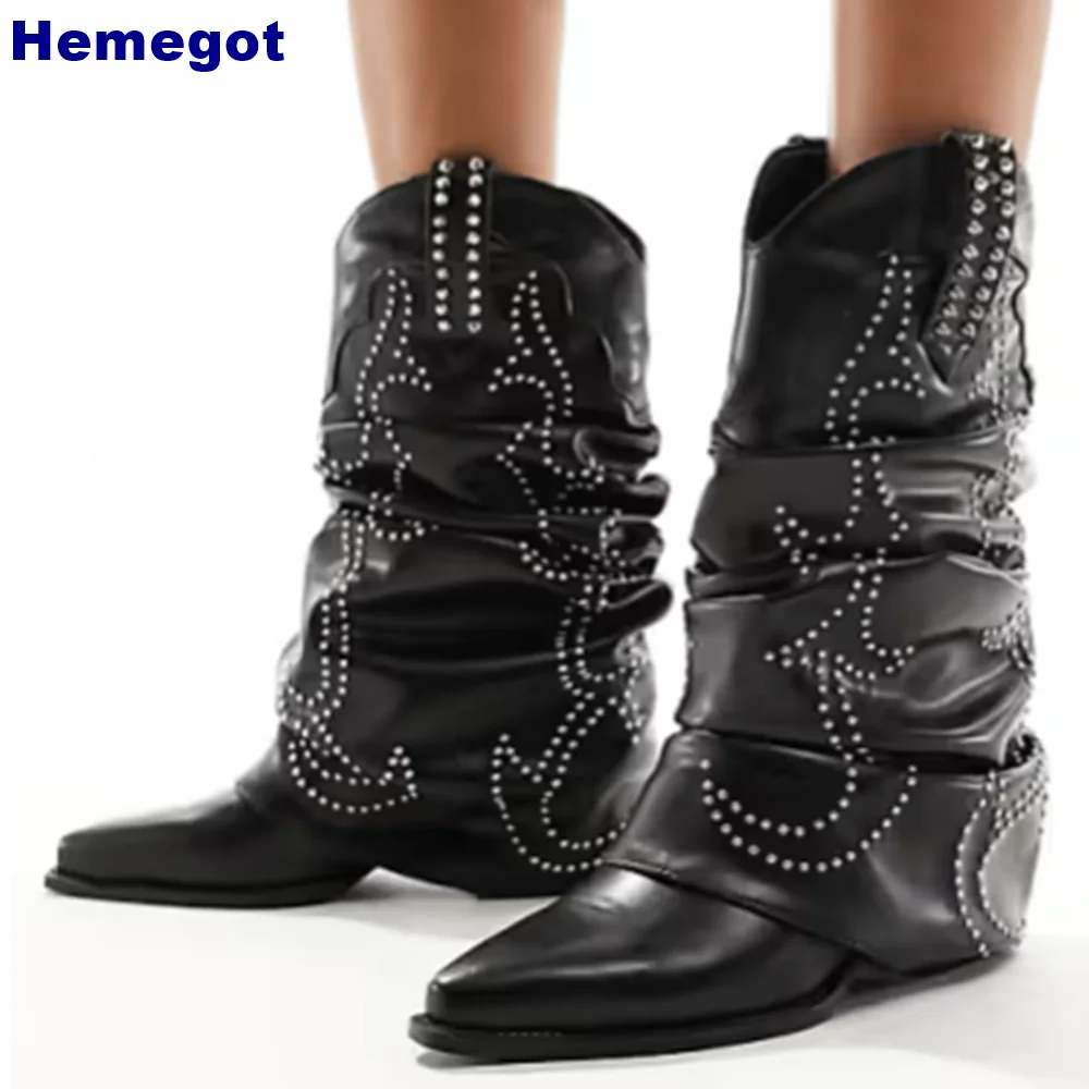 

Pointed rivet sexy trouser boots 2024 street leisure rhinestone pleated thick high heels black fashion women western cowboy boot