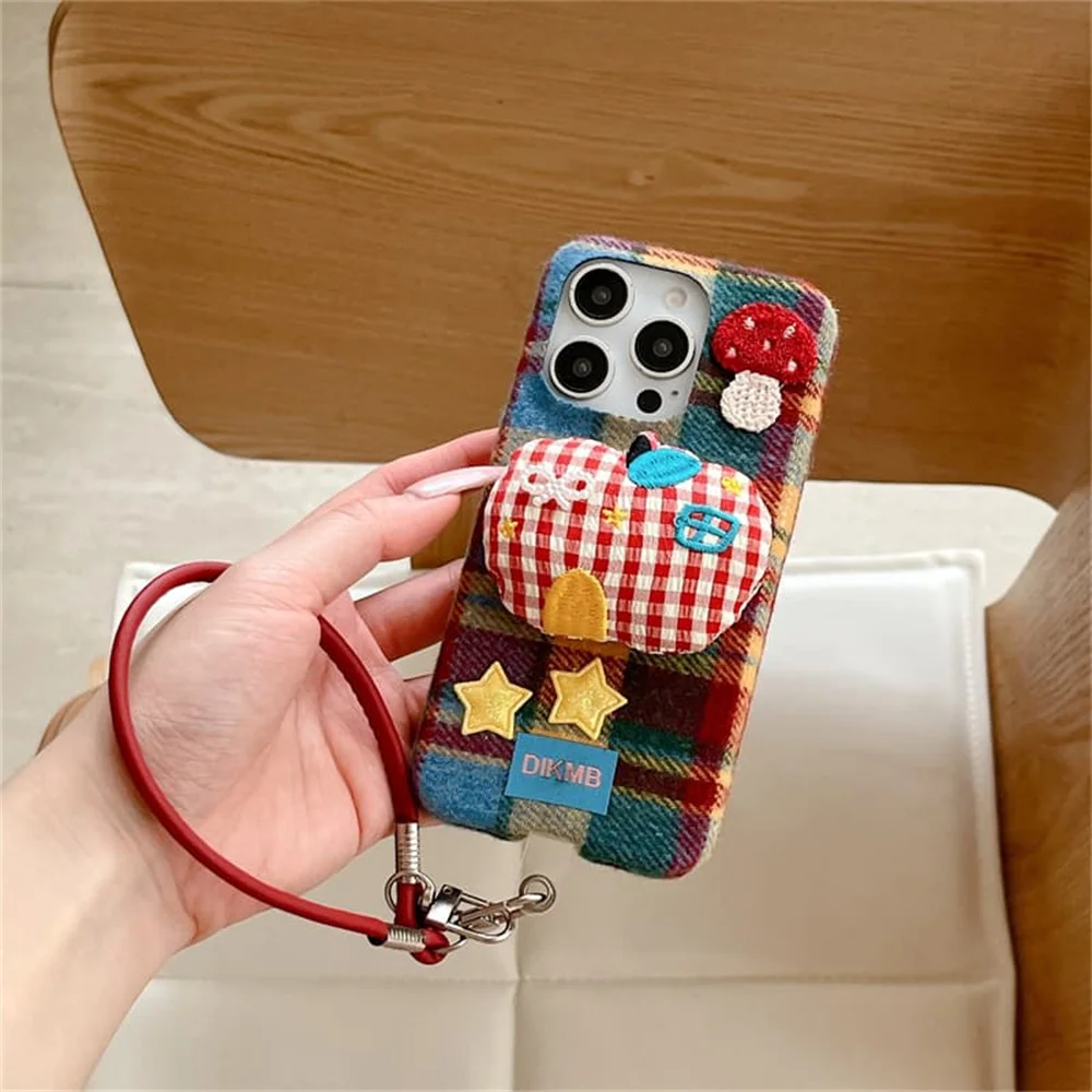 Kawaii Retro Color Plaid Fluffy Phone Case for iPhone 18 17 16 15 Pro Max 3D Cute Plush Cover With Red Wrist Strap Korea Fundas