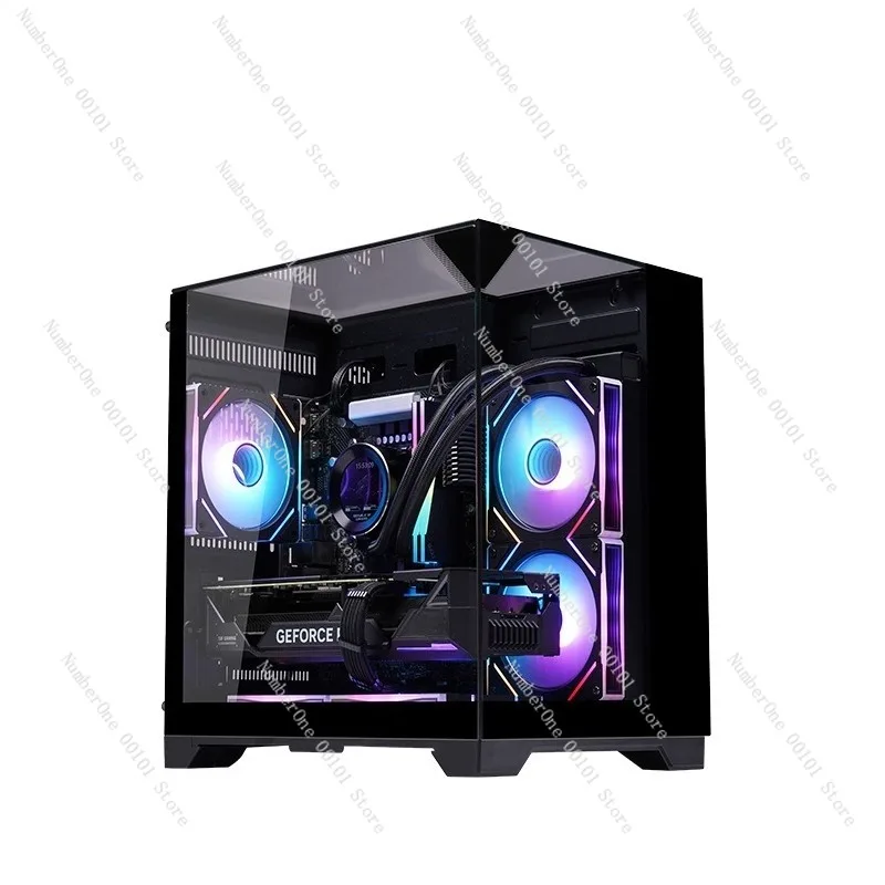 Three-Sided Glass Sea-View Room Computer Case, Desktop Computer MATX Water-Cooled Side Panel, Mini Black Gaming PC Case