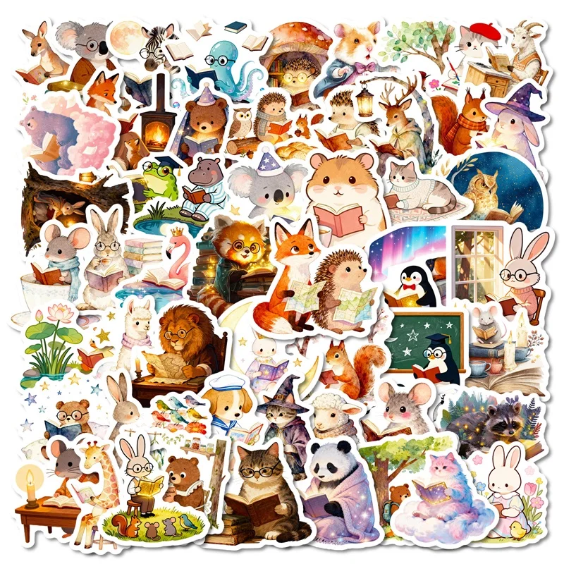 

56PCS Cartoon Animal Reading Book Colored PVC Sticker Aesthetic DIY Decoration Phone Laptop Luggage Skateboard Graffiti Decals