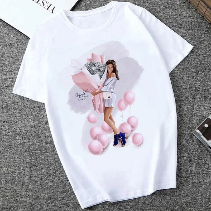 

Balloon Flowers T-shirt Harajuku Wind Summer Fashion Big Size Hot Air Balloon Love Short Sleeve T-shirt Woman Oversized T Shirt