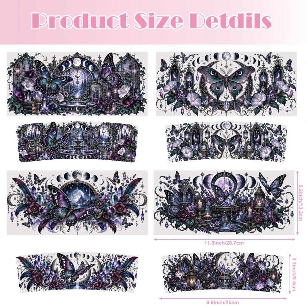 5 Sheets Mystical Butterfly Moonlight Gothic Floral Design UV DTF Stickers for 16 oz Tumbler Waterproof Decals UV DTF Transfer
