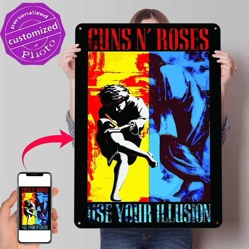 Guns N' Roses Use Your Illusion Album Art 3D Printed Texture Poster Personalized Wall Art Retro Metal Tin Signs for Office Decor