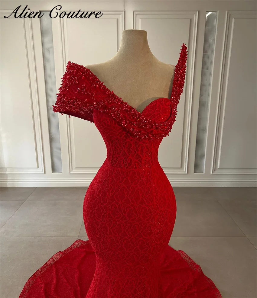 Luxury Red Lace Mermaid Evening Dress Bead Crystal Elegant Party Dress Woman 2024 Birthday Gown Wedding Reception Gown Customize