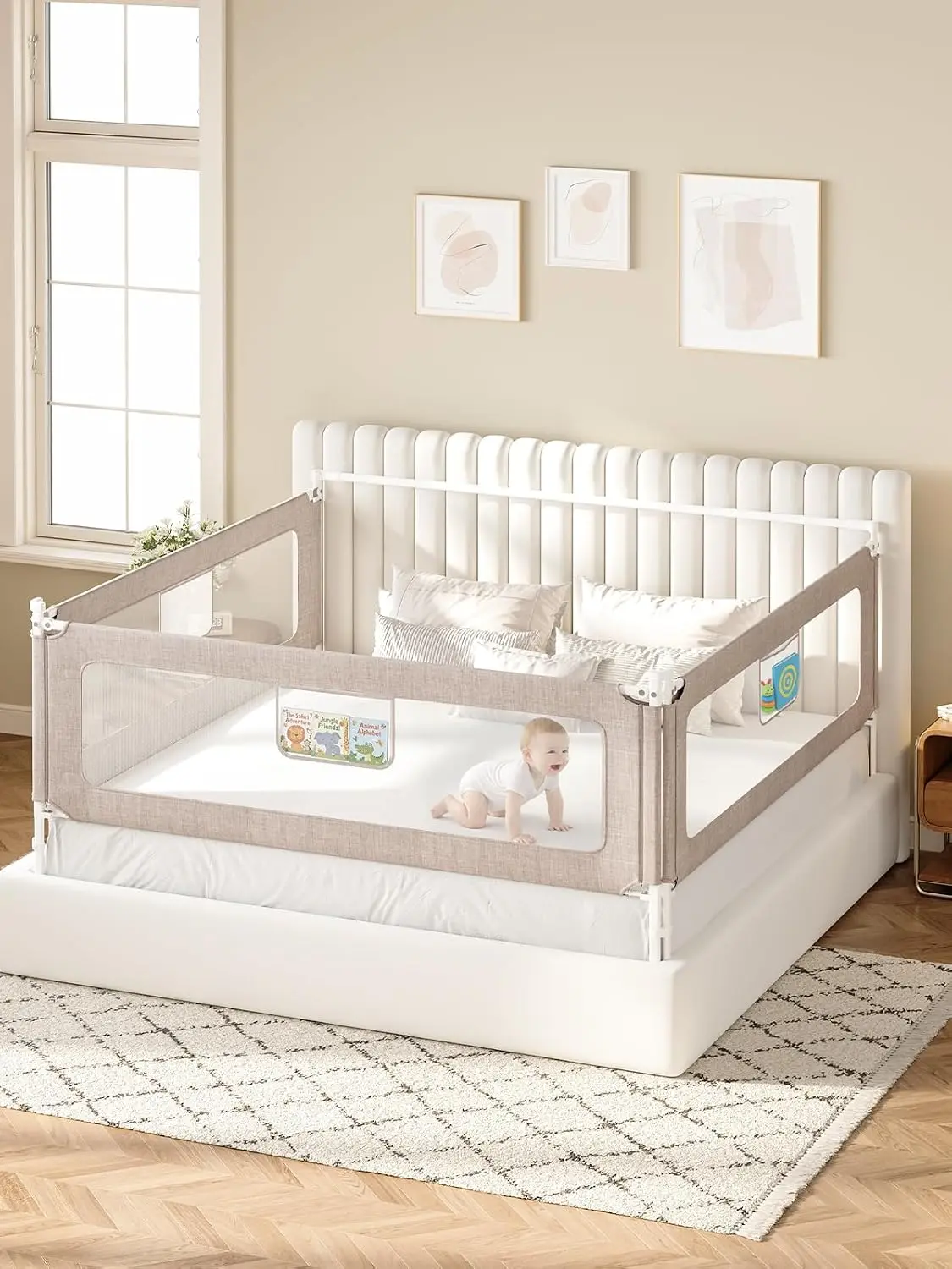 3-Piece King Size Bed Rails for Toddler, Adjustable Height Baby Bed Rail Guard, Reinforced Bed Protection Fence for Baby, Grey,