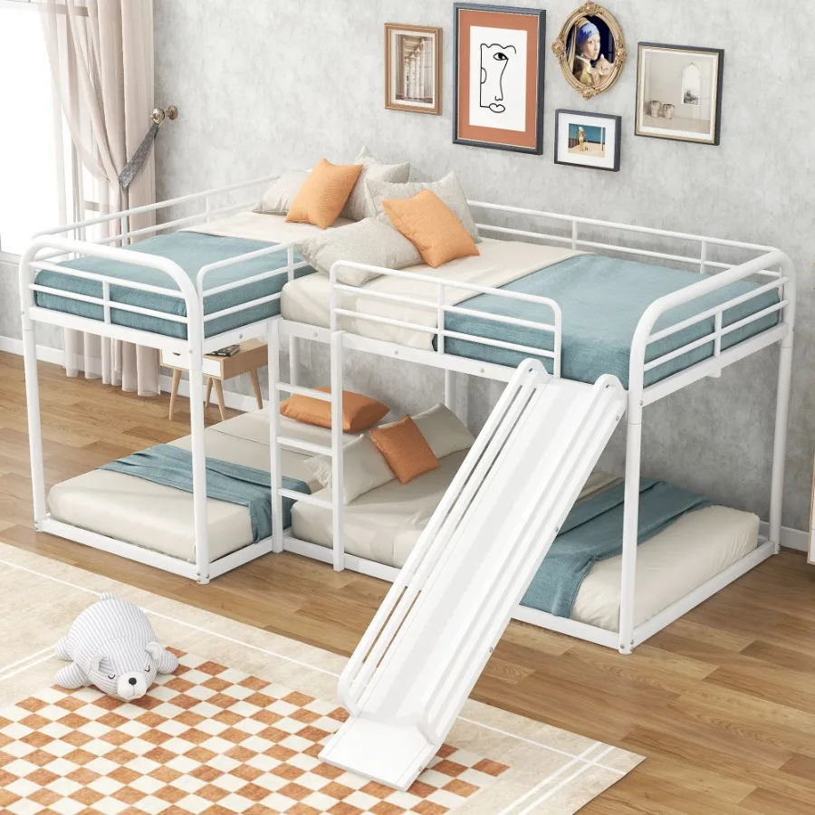 Full and Twin Size L-Shaped Bunk Bed with Slide and Short Ladder White