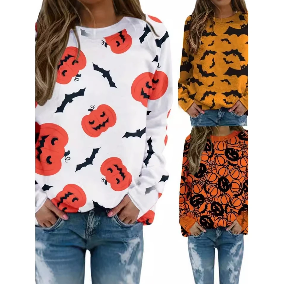 loween Pumpkin Print Long Sve Sweatirt Casual Sle Polyester Fabric round Ne Overhead Women's T-irt