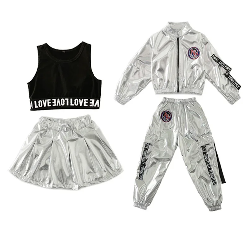 Children's silver stage hip-hop girl dance costume boy dance hall street dance jazz jacket pants performance costume