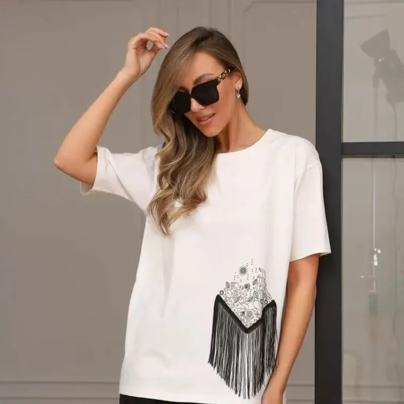Large Size Fringe Print White Russian Fashion Style Tshirts Women Clothes Short Sleeve Crewneck High Street Tshirt Female Summer