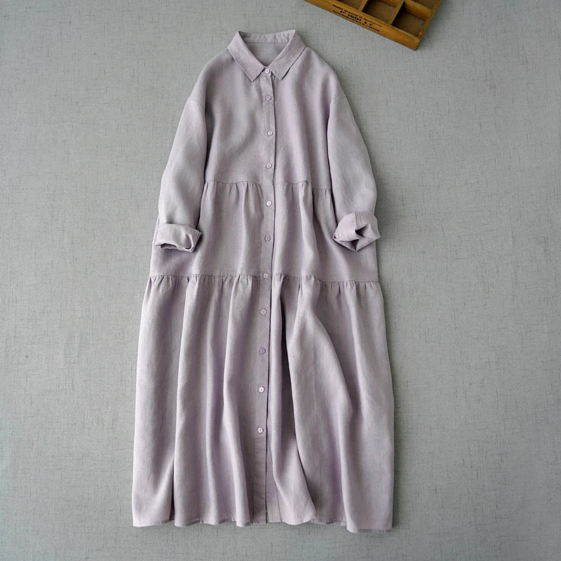 

110cm Bust / Spring Summer Women Loose Comfortable Natural Breathable Water Washed Linen Long Shirt Dresses