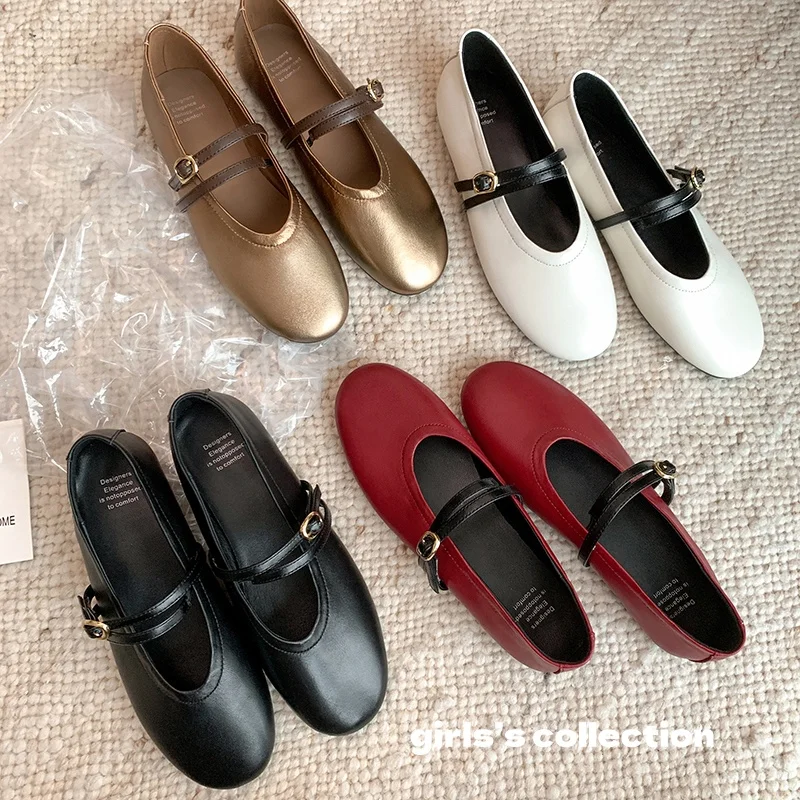 2026 new spring autumn women pumps natural leather 22-25cm sheepskin+pigskin round toe buckle mary janes women shoes fashion