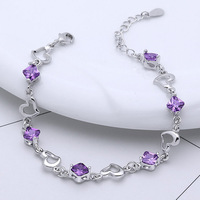 925 Sterling Silver Purple Crystal Heart Bracelet For Women Luxury Designer Jewelry   Christmas GaaBou