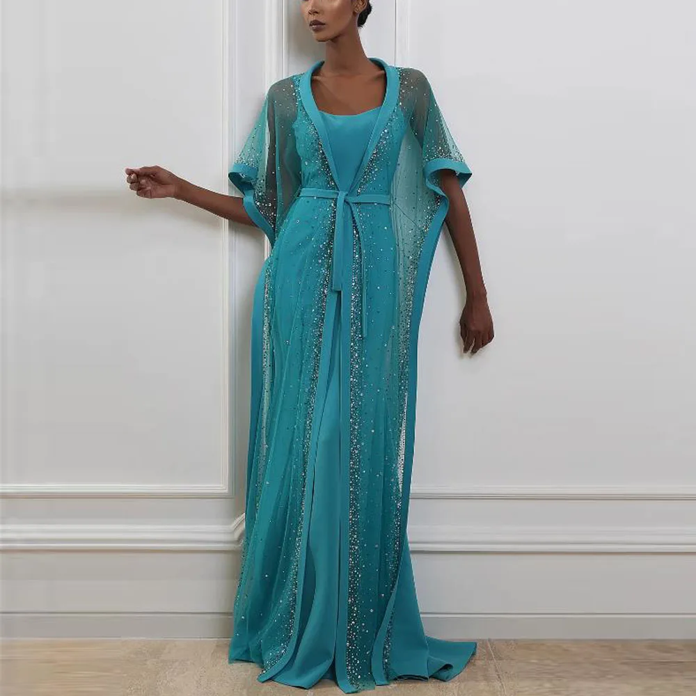 

Customized Wide Strap Mermaid Evening Dress with Jacket Bead Tulle Coat Wedding Guest Dress for Women Long vestidos de fiesta