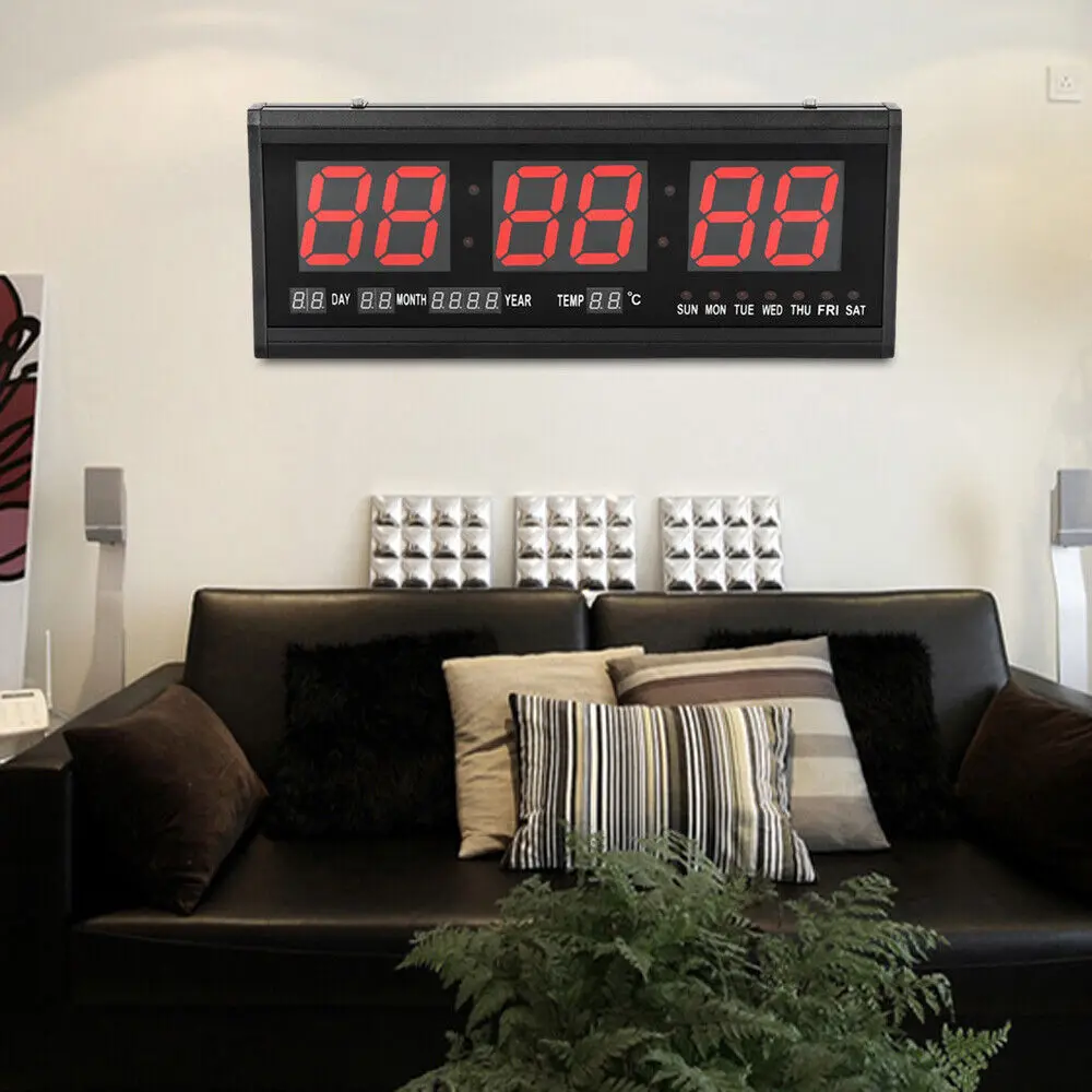 LED Wall Clock Digital Clock with Date, Temperature Living Room Office Decoration XXL Size Red