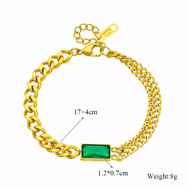 LAMENGLY 316L Stainless Steel Square Green Crystal Charm Bracelet For Women New Trendy Thick Link Chain Waterproof Jewelry Gifts