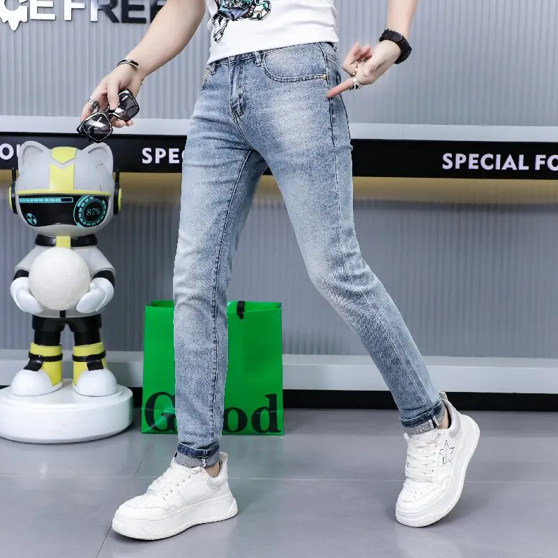 

Fashion high-end jeans men's summer thin trendy simple and light luxury men's clothing slim-fitting small straight casual pants