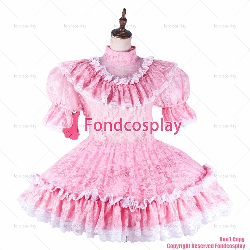 fondcosplay adult sexy cross dressing sissy maid baby pink lace organza dress lockable Uniform costume CD/TV[G2190]