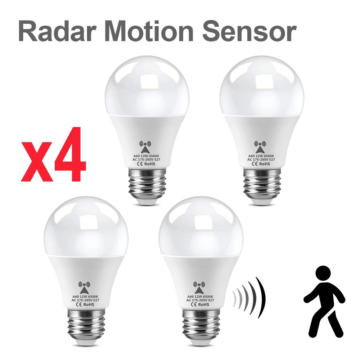 

4PCS Radar Motion Sensor LED Bulb E27 - 110V/220V Dual Voltage Auto Lighting for Stairs Garage Bathroom, Indoor Outdoor Lamparas