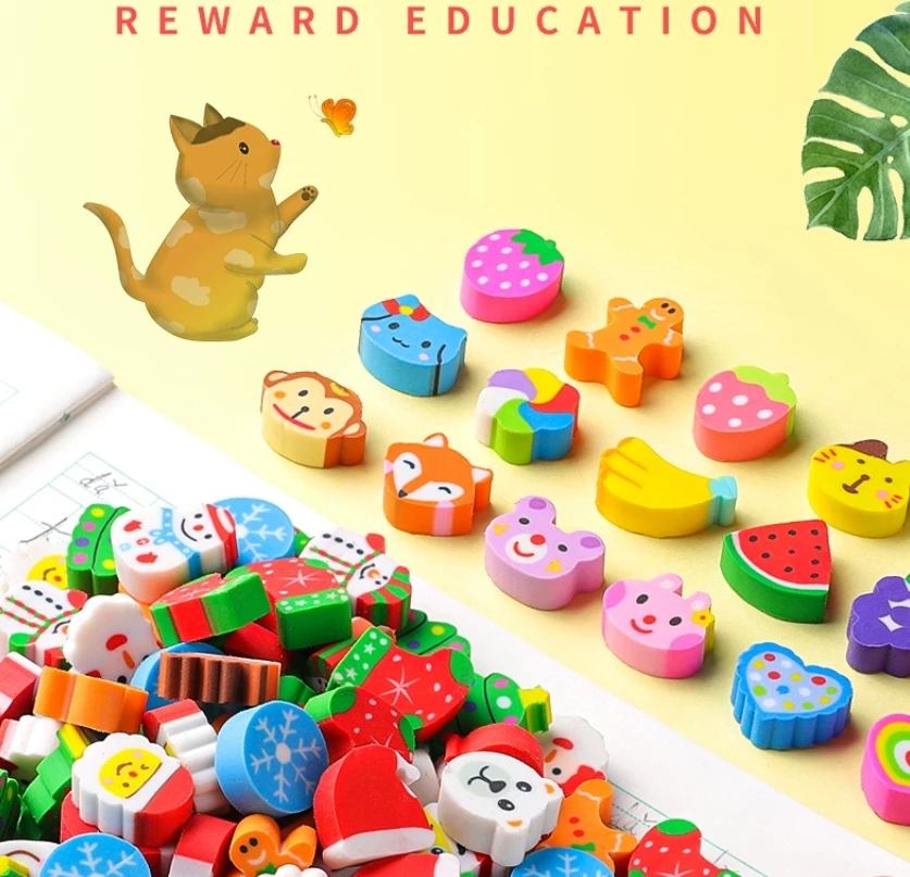 50 pcs of new cartoon animal fruit 3D erease Kawaii DIY Chip-free eraser Children's Day Small Gifts