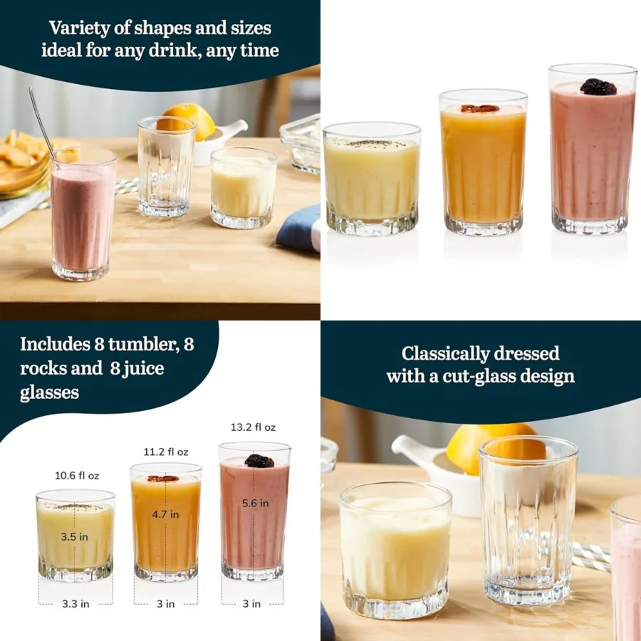 

Brockton Tumbler, Juice and Glasses Drinking Set, Clear, Classic Cut Glass Cups Set of 24, Elegant Dishwasher Safe Barware Glas