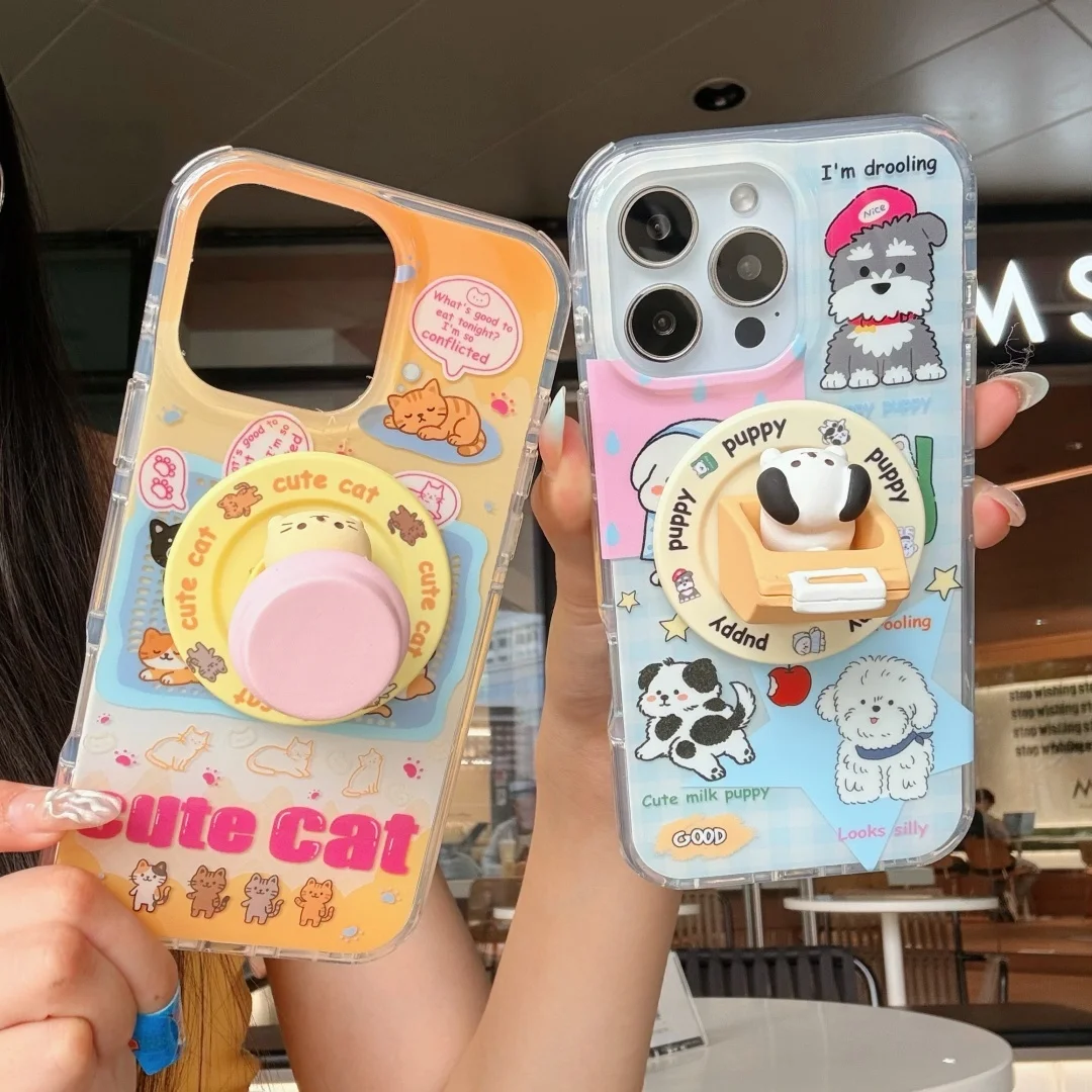 

Korea fun cartoon cat dog For MagSafe magnetic Stand Phone Case For iPhone 16 Pro 15 14 13 Pro Max Cute Funda protective cover﻿