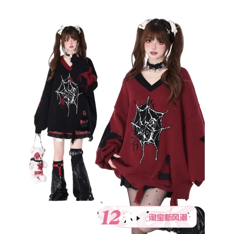 Gothic Punk Women Sweater 2025 Autumn Winter Black Red Subculture Original V Neck Loose Knitting Sweater For Women
